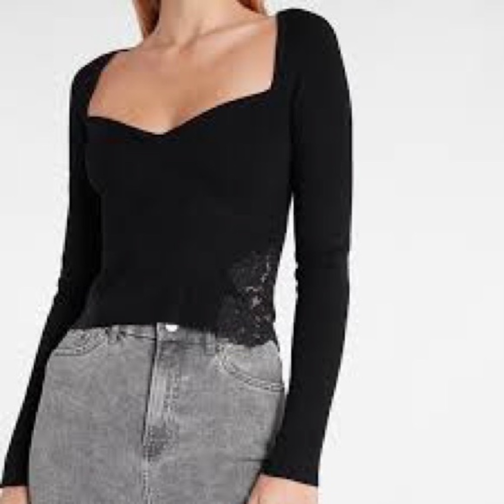 Express Body Contour Lace Piece Cropped Black Sweater - Size XL- NWOT